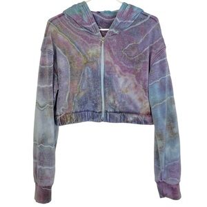 Handmade Pastel Geode Tie Dye Hoodie Womens Size Small Blue Pastel Full Zip Crop